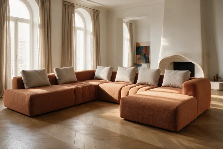 Terracotta modular sofa in a warm, sunlit interior, with soft curtains and natural materials
